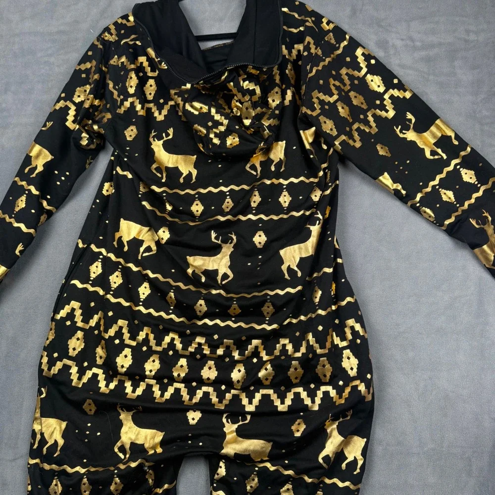 Tipsy Elves Mens XL Black Gold Metallic Reindeer Fair Isle Hooded Jumpsuit - Picture 9 of 11